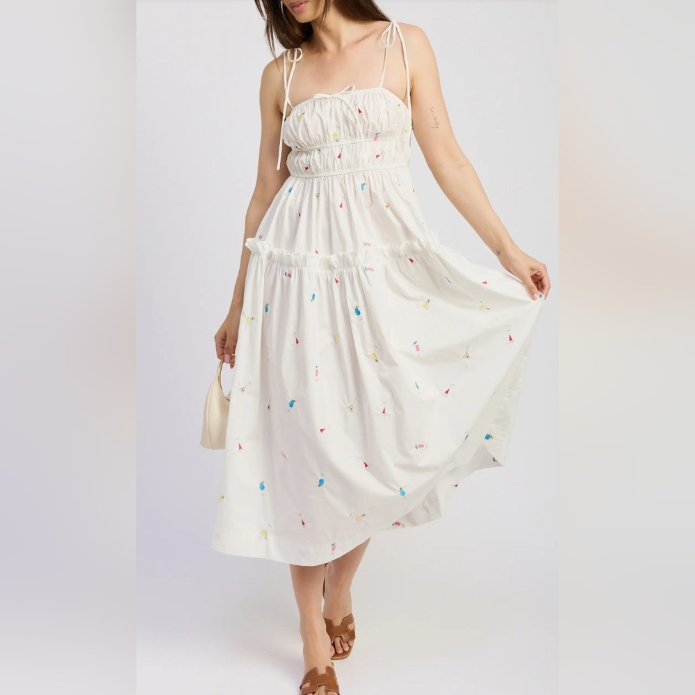 En Saison White Maxi Dress-Style Tiered Skirt with Multicolor Embroidery